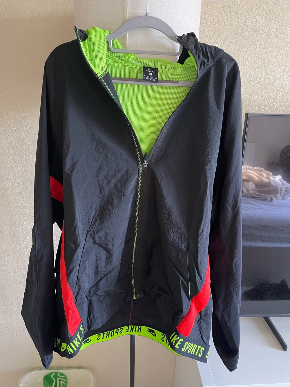 Nike Black Bomber Jacket with Neon Green Lining and Red Accents